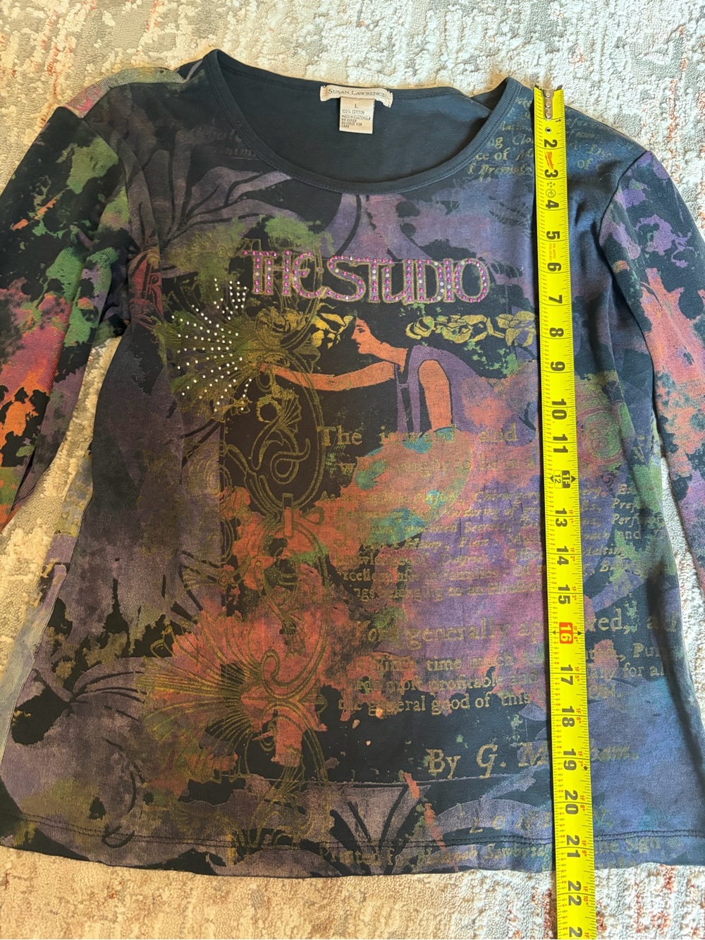 Y2K Susan Lawrence Rhinestone Graphic 3/4 Sleeve Top Size L - Picture 5 of 6